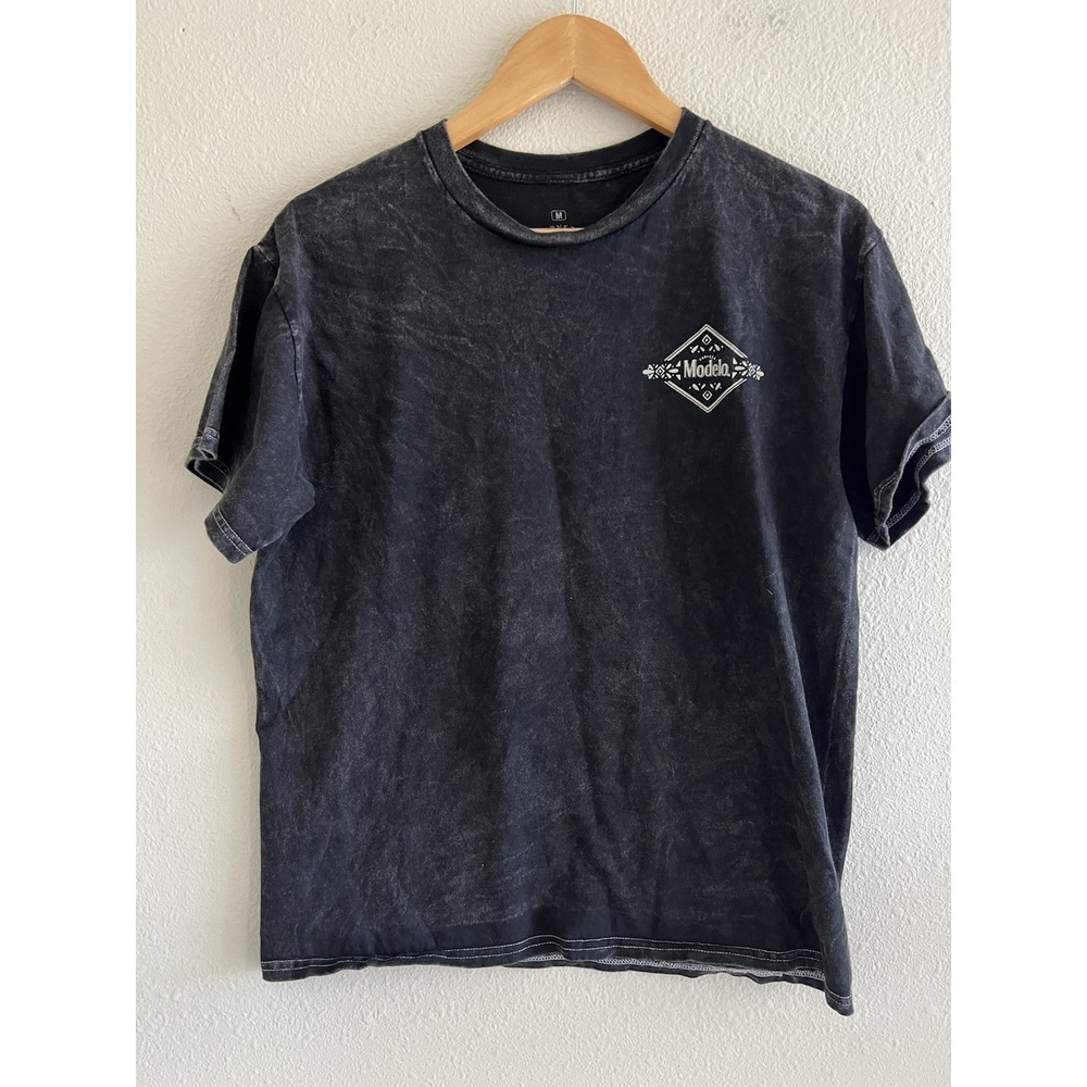 Cerveza Modelo Mexican Beer Print Top Unisex Medium Black Acid Wash Aztec